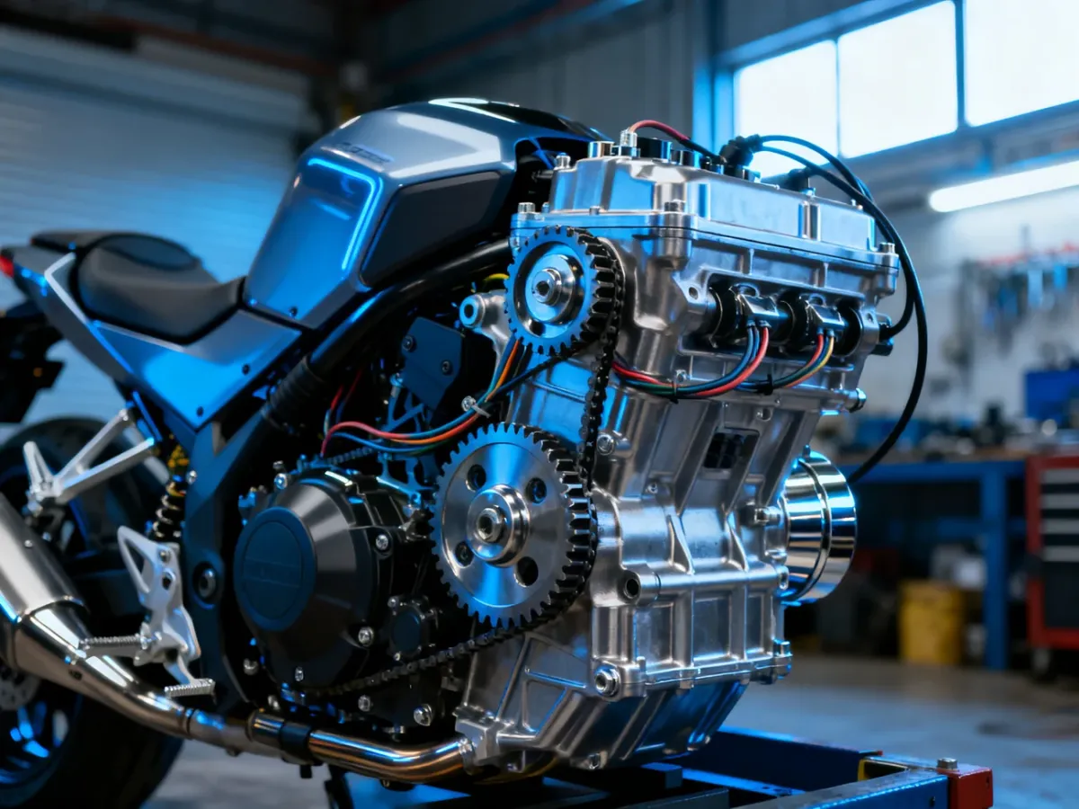 Zbliżenie na nowoczesny silnik hybrydowy motocykla Junak RX2 z widocznymi detalami mechanicznymi i metalicznymi teksturami.