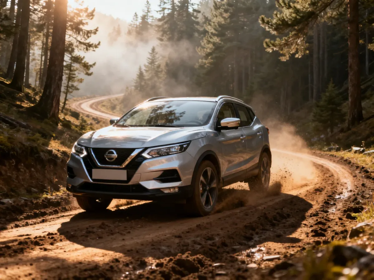 Srebrny Nissan Qashqai jadący po błotnistej, leśnej drodze, prezentujący możliwości napędu 4x4 w trudnym terenie.