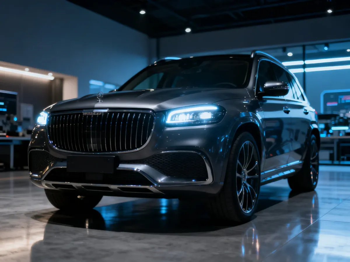 Nowoczesny SUV Li Auto L9 zaparkowany w minimalistycznym salonie, podkreślający jego aerodynamiczny przód i światła LED.