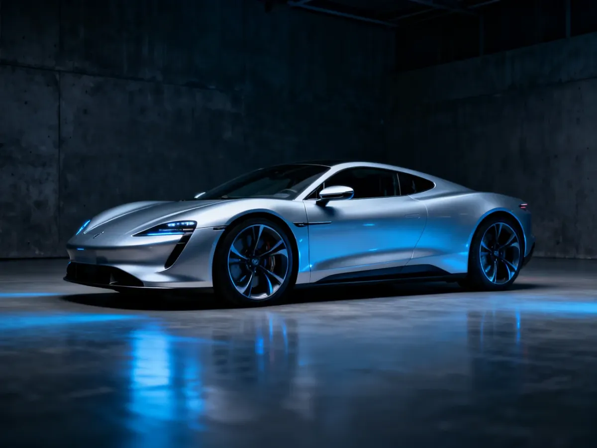Srebrne Audi e-tron GT w ujęciu profilowym w minimalistycznym, nowoczesnym studio.