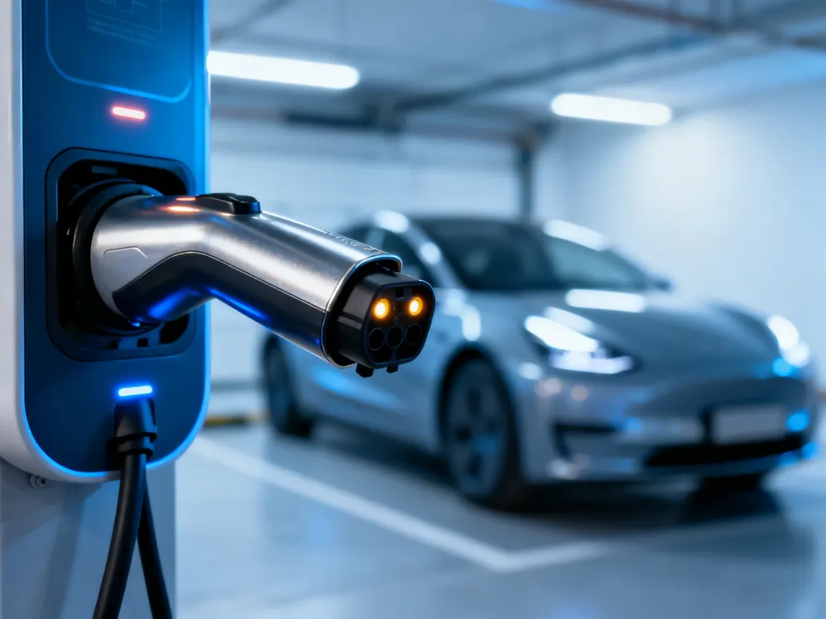 Wtyczka ładowarki podłączona do gniazda samochodu elektrycznego w nowoczesnym garażu.