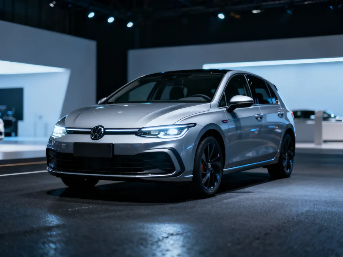 Srebrny Volkswagen Golf 7 zaparkowany w nowoczesnym salonie samochodowym, podkreślający aerodynamiczną sylwetkę modelu.