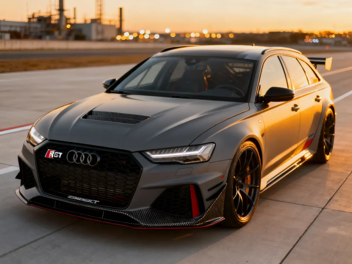 Audi RS6 GT w matowym szarym kolorze i sportowym malowaniu zaparkowane na torze w świetle zachodzącego słońca.