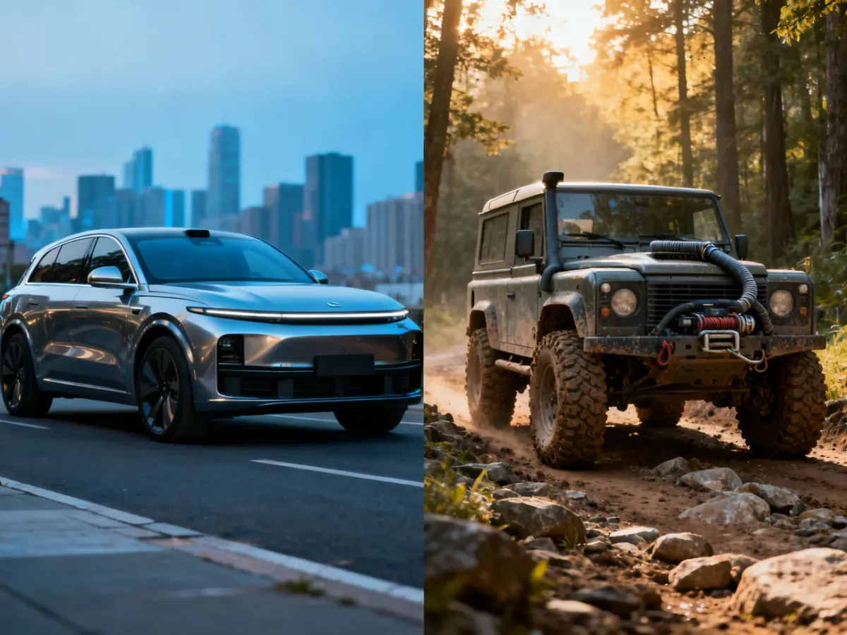 Porównanie nowoczesnego SUV-a na miejskiej ulicy z terenowym samochodem na leśnym szlaku.