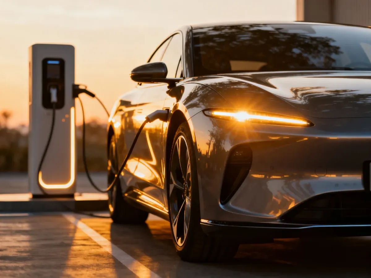 Nowoczesny samochód elektryczny ładujący się na futurystycznej stacji w świetle zachodzącego słońca.