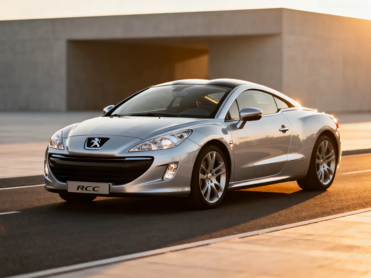Srebrny Peugeot RCZ z charakterystycznym dachem typu double-bubble zaparkowany na drodze w świetle zachodzącego słońca.