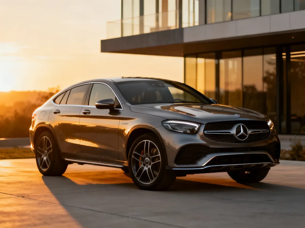 Mercedes GLC Coupe zaparkowany na nowoczesnym podjeździe w świetle zachodzącego słońca, podkreślającym jego sylwetkę.