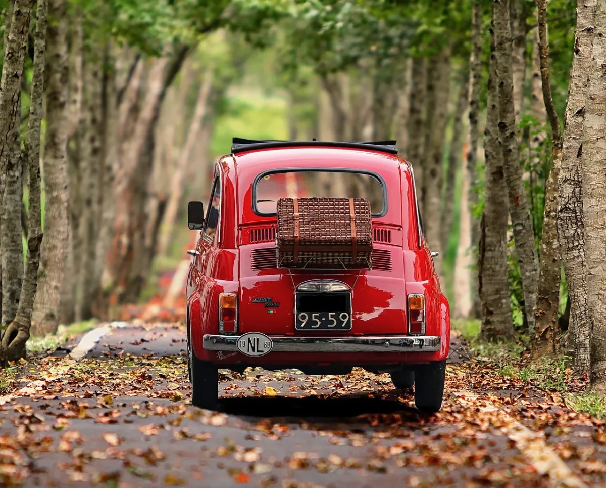 Używany Fiat 500 w wersji hybrydowej zaparkowany wśród drzew, łączący klasyczny styl z nowoczesną technologią.